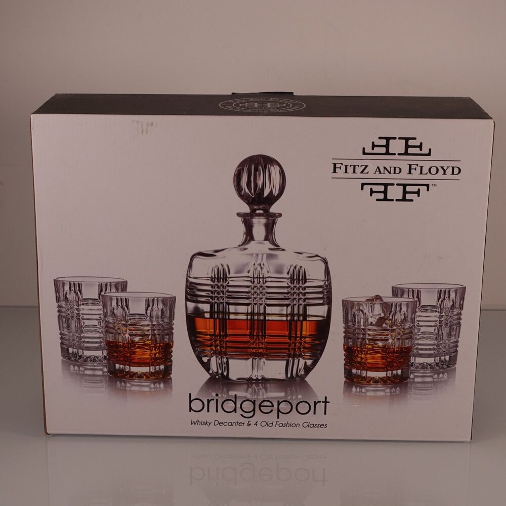 Fitz and Floyd Bridgeport Whiskey Decanter and 4 Old Fashion Whiskey Glasses NIB